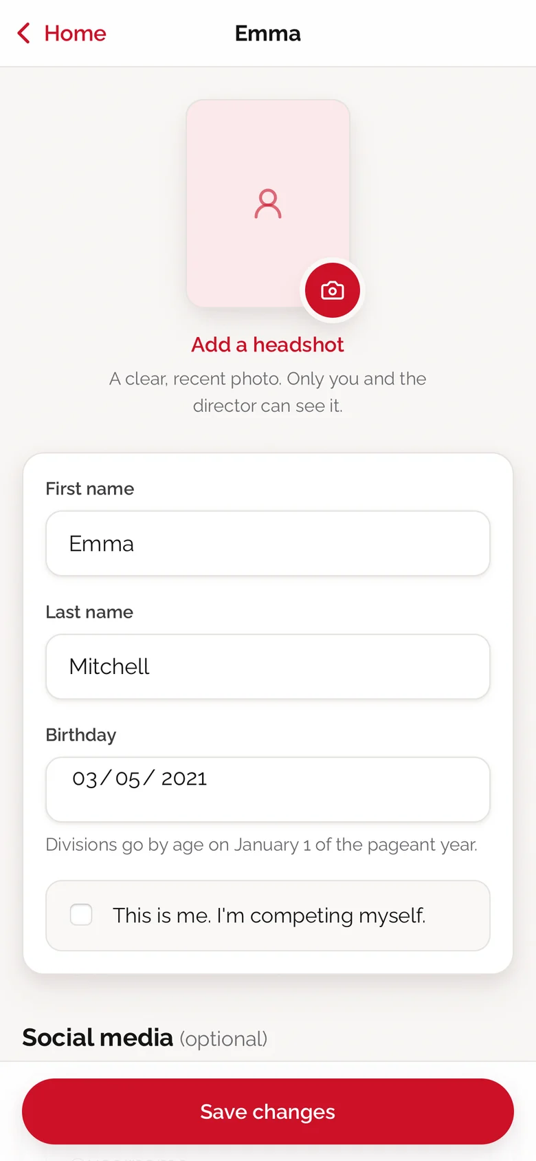Contestant profile with headshot and details