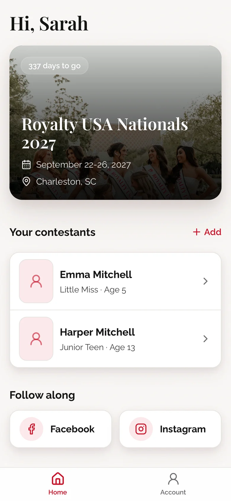 The Royalty USA app home screen: a countdown to Nationals, the family's contestants and social links