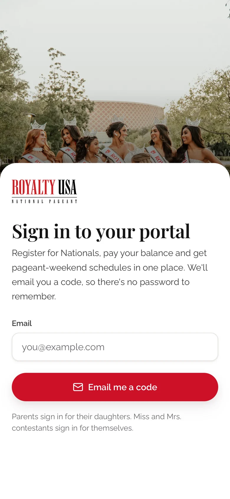Sign-in screen with the Royalty USA queens photo